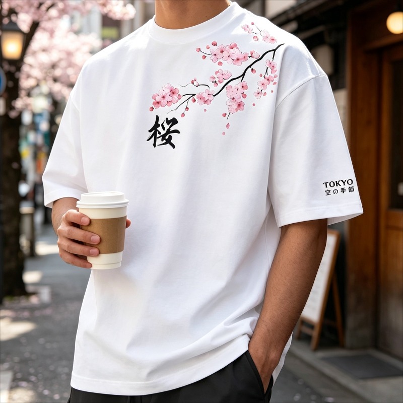 Street Fashion Asian - T-shirt à imprimé floral et caractères
